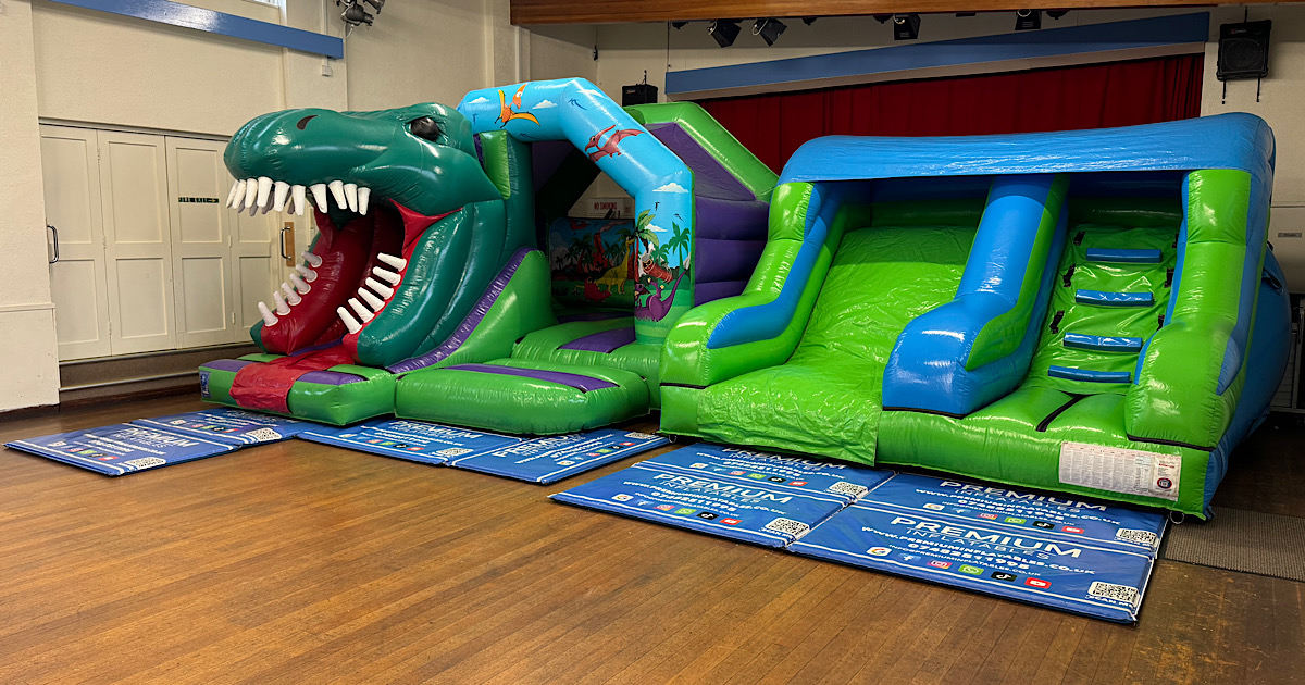 Different inflatable package layout inside Cookridge Village Hall suitable for mixed age parties