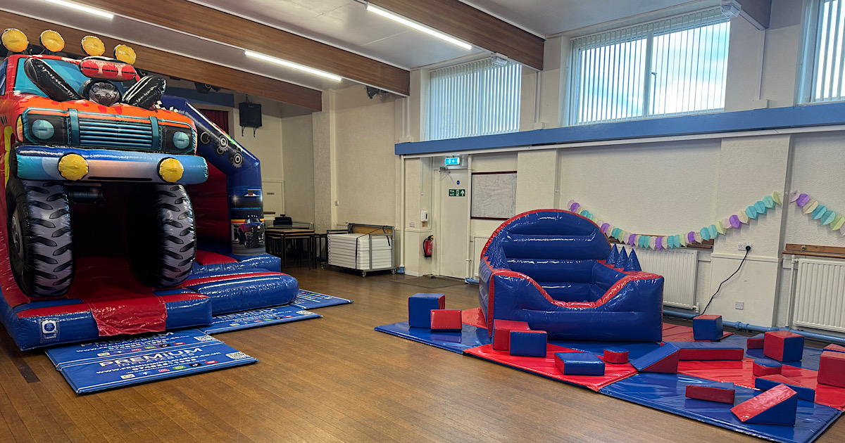 Indoor monster truck themed bouncy castle hire for children's birthday party in Cookridge Leeds